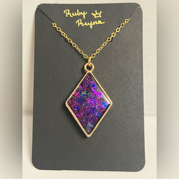 Handmade Purple Galaxy Resin Necklace – Glitter Diamond Pendant - Picture 3 of 6